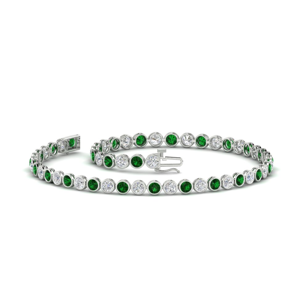 2.70 Ct. Diamond Bezel Set Tennis Bracelet with 14K White Gold Green Emerald